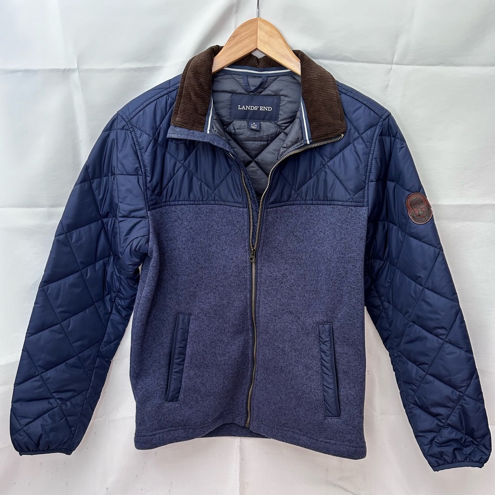 Lands’ End Men’s Jacket Quilted Navy Blue Small Brown Corduroy Collard - Picture 3 of 8